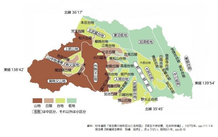 埼玉県の地形区分と名称図です。詳細は、解説で説明しています。