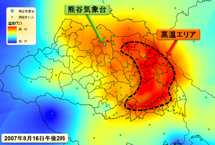 熊谷市の気温分布(2007年8月16日）