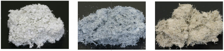 石綿写真（左からクリソタイル、クロシドライト、アモサイト）