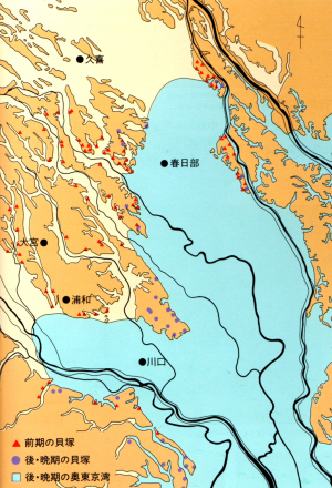 縄文時代後期・晩期の海岸線の図