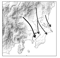 陸風は陸から海に向かって風が吹きます。