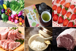代表的な農産物（野菜・お茶・いちご・肉・米）の写真
