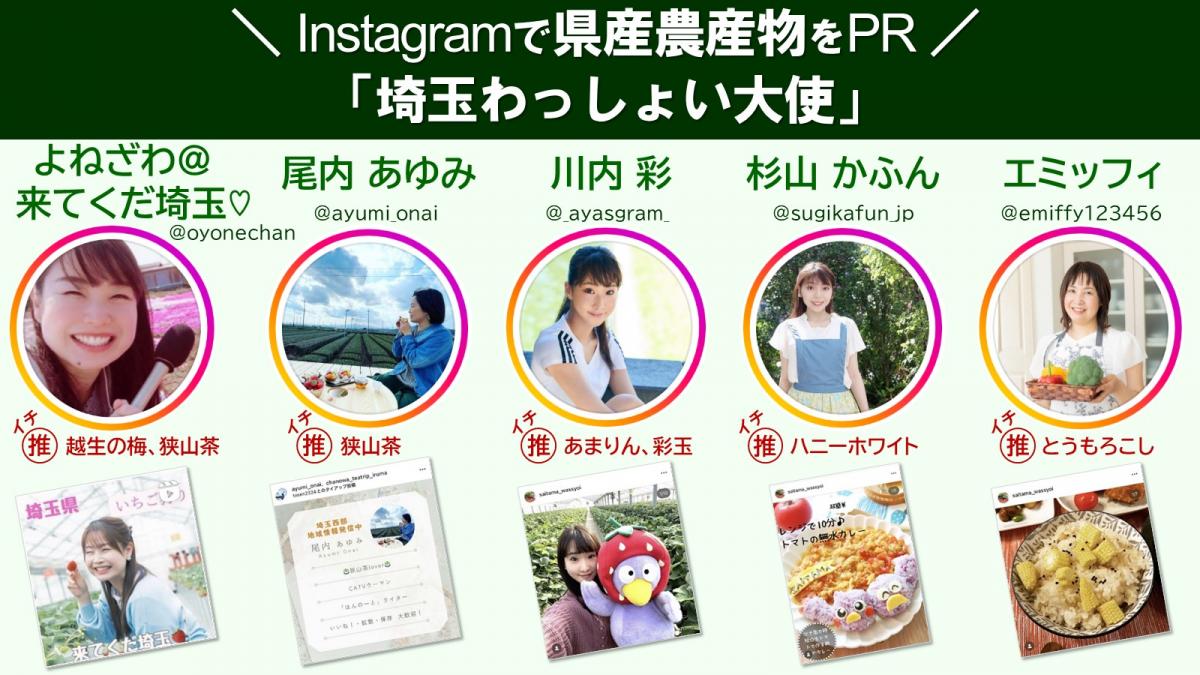 Instagramで県産農産物をPR,埼玉わっしょい大使5名の写真,それぞれの方の一推し食材の紹介