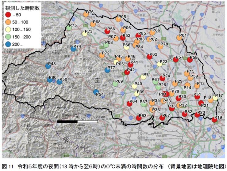 図11 令和5年度の夜間（18時から翌6時）の0℃未満の時間数の分布