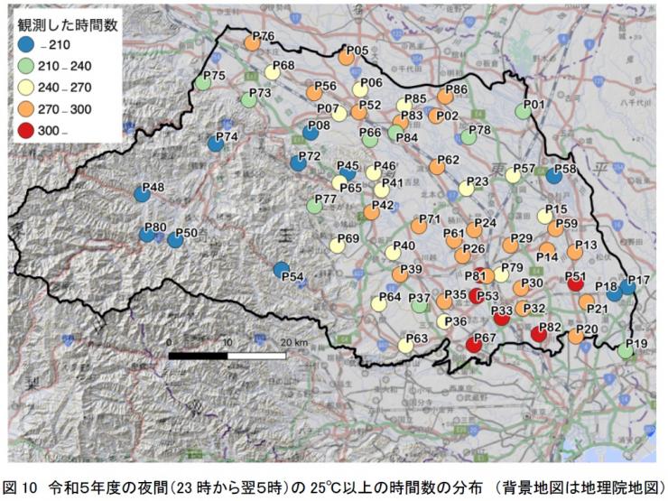 図10 令和5年度の夜間（23時から翌5時）の25℃以上の時間数の分布