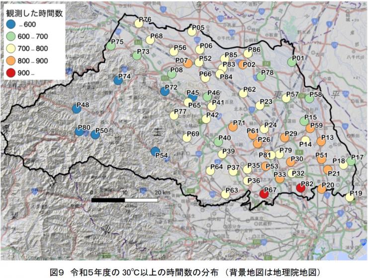 図9 令和5年度の30℃以上の時間数の分布