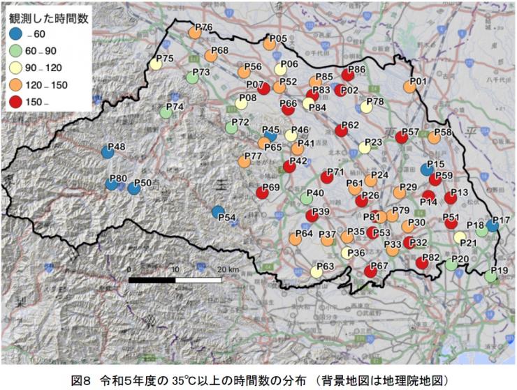 図8 令和5年度の35℃以上の時間数の分布