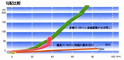 中川の勾配を多摩川と鶴見川のそれと比較するグラフ