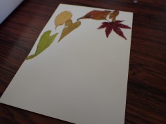 いろんな色形の葉っぱが貼られたポストカード