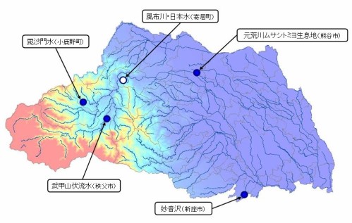 平成の名水4か所と昭和の名水の地図
