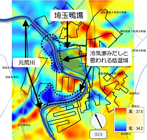 宮内庁埼玉鴨場（越谷市）周辺の温度分布の図