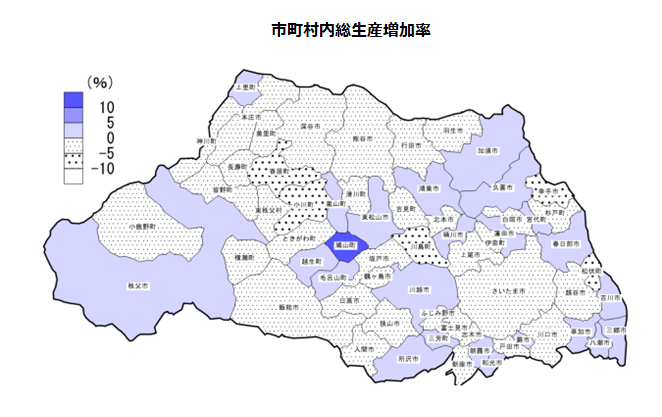 県内市町村ごとの市町村内総生産増加率を表す地図です