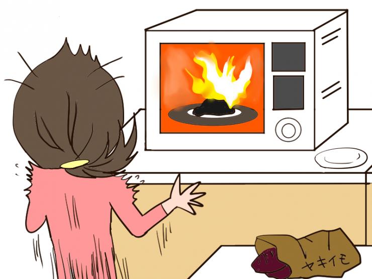 イラスト：電子レンジ内で発火し驚く女性