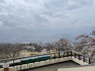 入口展望台から秩父盆地を眺めた様子。サクラがちらほら咲いている。曇っていて、霞んでいる。