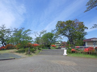真っ赤なヤマツツジが見頃の美の山公園のエントランス広場。中央に数段の階段。