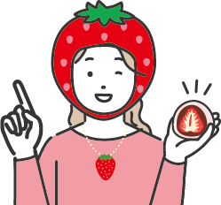 頭にいちごの被り物をしていちご大福を手に持つ女性のイラスト