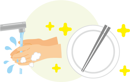 せっけんで手を洗い、きれいな箸と皿を使うイラスト