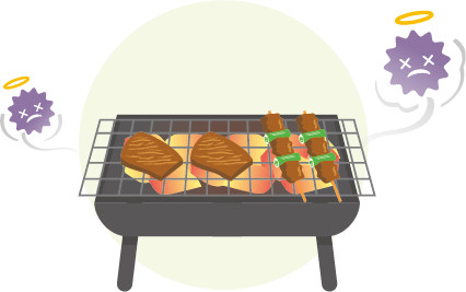 バーベキュー串を火でよく加熱するイラスト