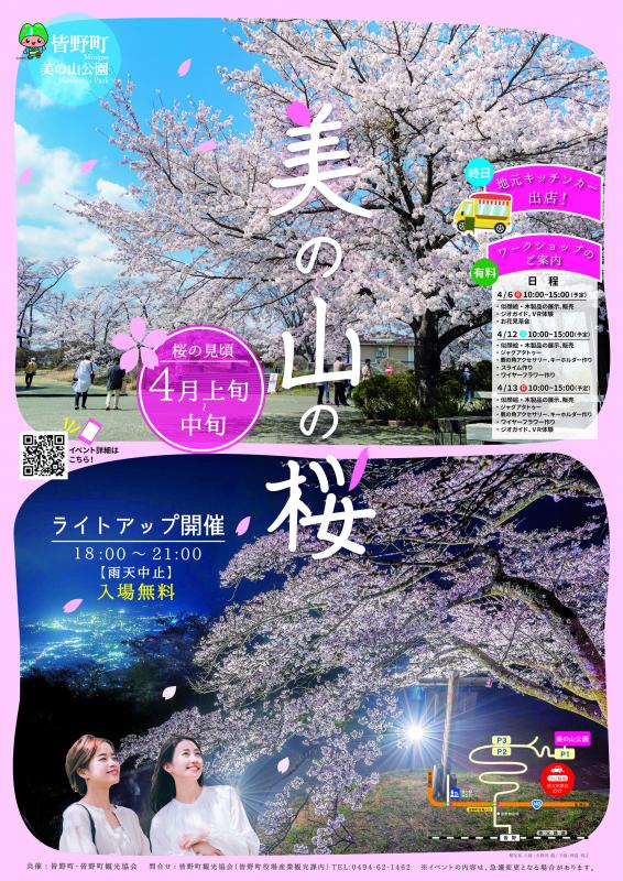 サクラライトアップのチラシ。昼間とライトアップされたサクラの両方が写っている。2人の女性が眺めている。
