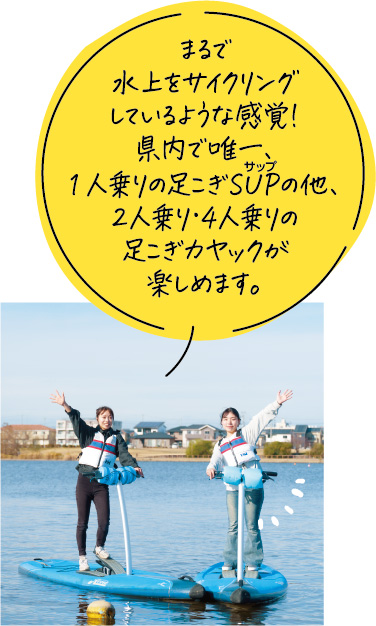 水上サイクリングしているような感覚！県内唯一の1人乗り足こぎSUPの他、2人乗り・4人乗りの足こぎカヤックが楽しめる。サップ写真