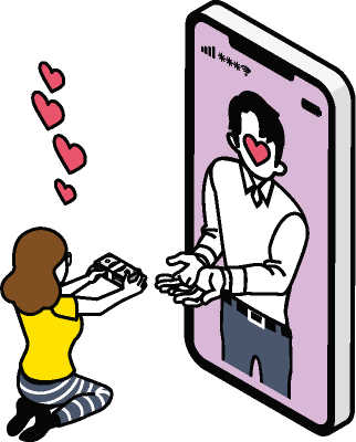 マッチングアプリでスマホの向こうの人とやり取りをしているイメージイラスト
