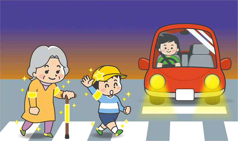 お年寄りと子供が横断歩道を歩いているイラスト