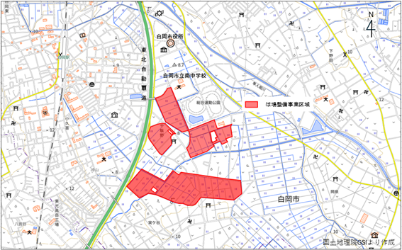 「実ヶ谷・千駄野地区」の事業区域位置図