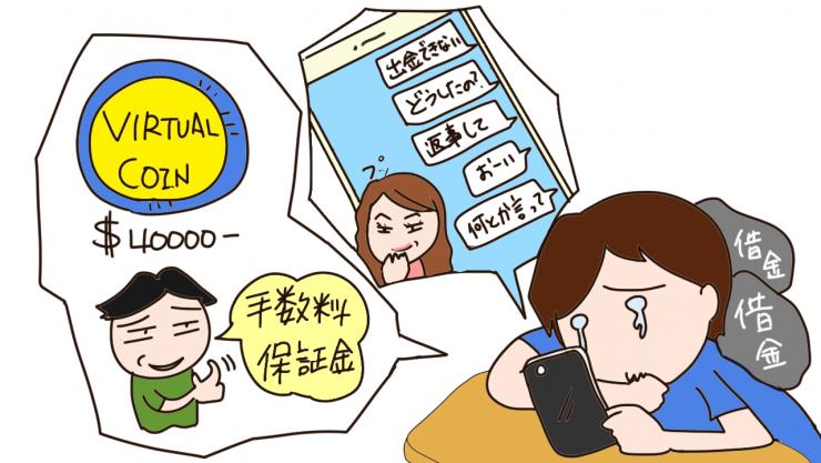 マッチングアプリで知り合った人にだまされて暗号資産に投資した男性のイラスト