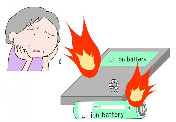 リチウムイオン電池から発火しないか心配するシニア女性のイラスト