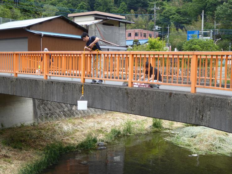 橋上からバケツを下ろして採水する様子の写真
