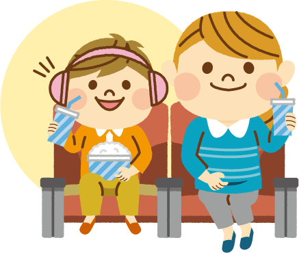 イヤーマフをつけて映画鑑賞をしているイラスト