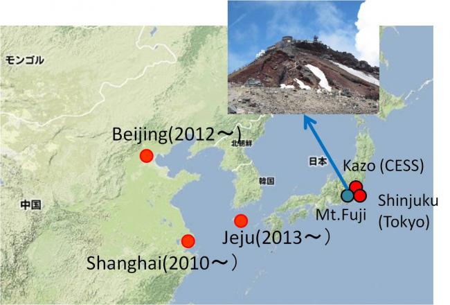 中国、韓国及び富士山頂での同時試料採取地を表した地図