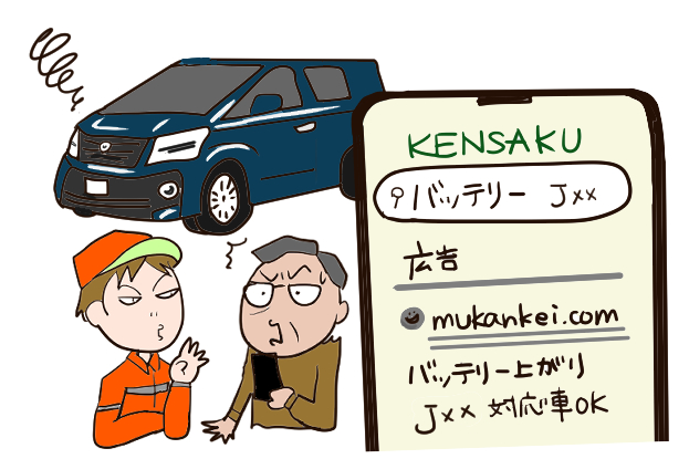 JAFを依頼したつもりでいたら別の業者が来て高額請求され驚く男性のイラスト