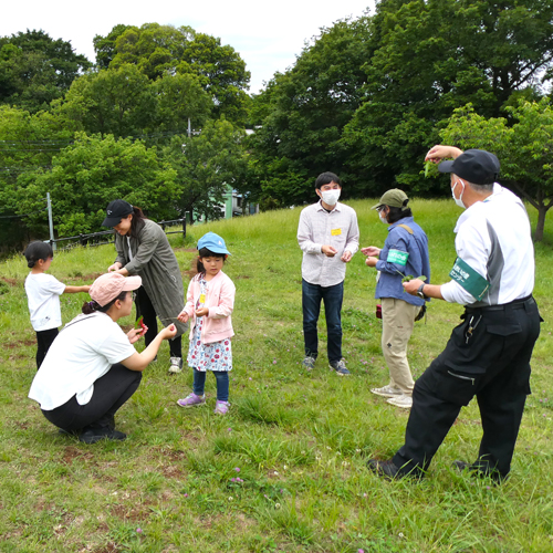 原っぱの中で親子で遊ぶ様子の写真