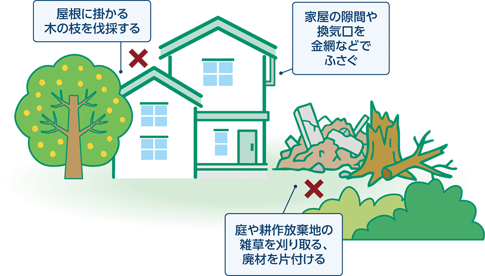 屋根に掛かる木の枝を伐採する/家屋の隙間や換気口を金網などでふさぐ/庭や耕作放棄地の雑草を刈り取る、廃材を片付ける