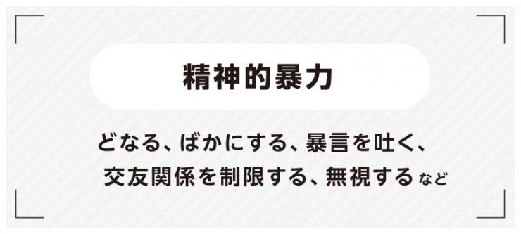 精神的暴力(どなる、ばかにする、暴言を吐く、交友関係を制限する、無視する)など