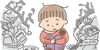 汚れた服を着た子供がごみであふれた家でうずくまっているイラスト