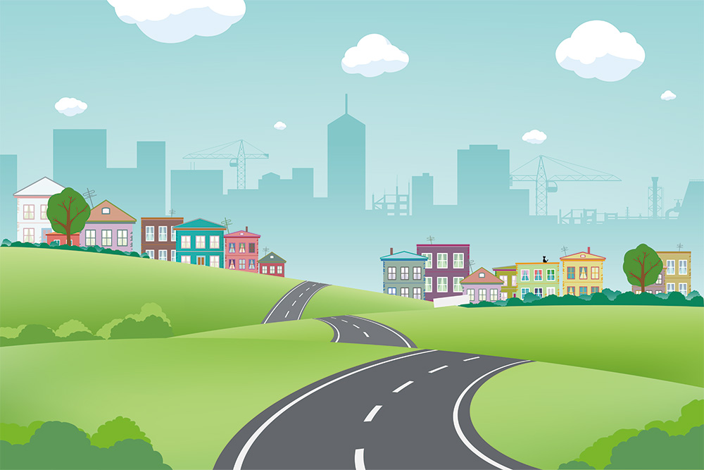 道路と街のイラスト
