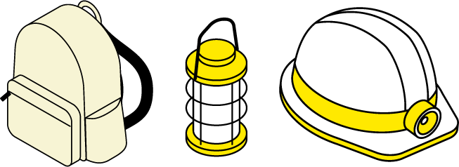 リュックサックとライトとヘルメットのイラスト