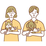 猫を抱えた女性と犬を抱えた男性のイラスト