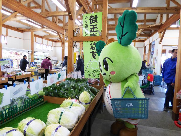 販売されている野菜と、ときがわ町マスコットキャラクター「のラビたん」の写真