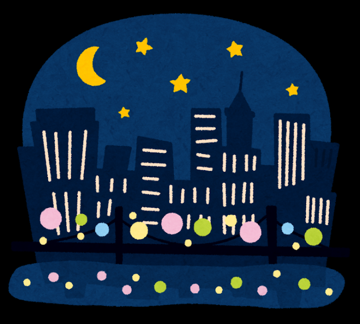 夜景のイラスト。星や月が輝き、ネオンが光っている様子。