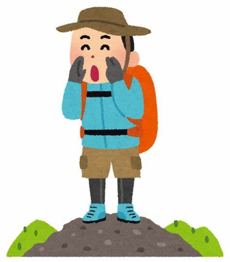 ヤッホーと叫んでいる登山の格好をした男性のイラスト