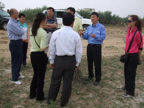 中国の塩化した土地の改良現場で説明を受ける写真